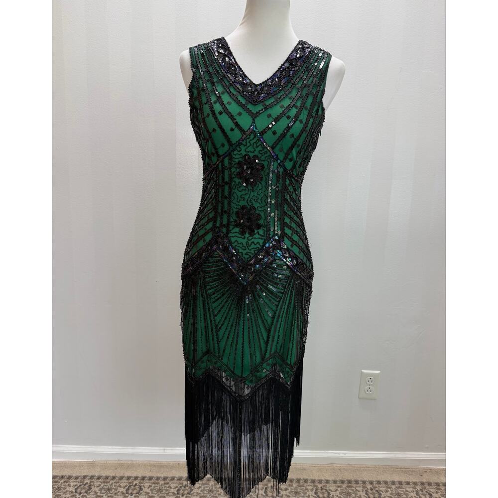 NWT BABEYOND Emerald Green Beaded Flapper Sequin Fringe Gatsby Dress Sz XS